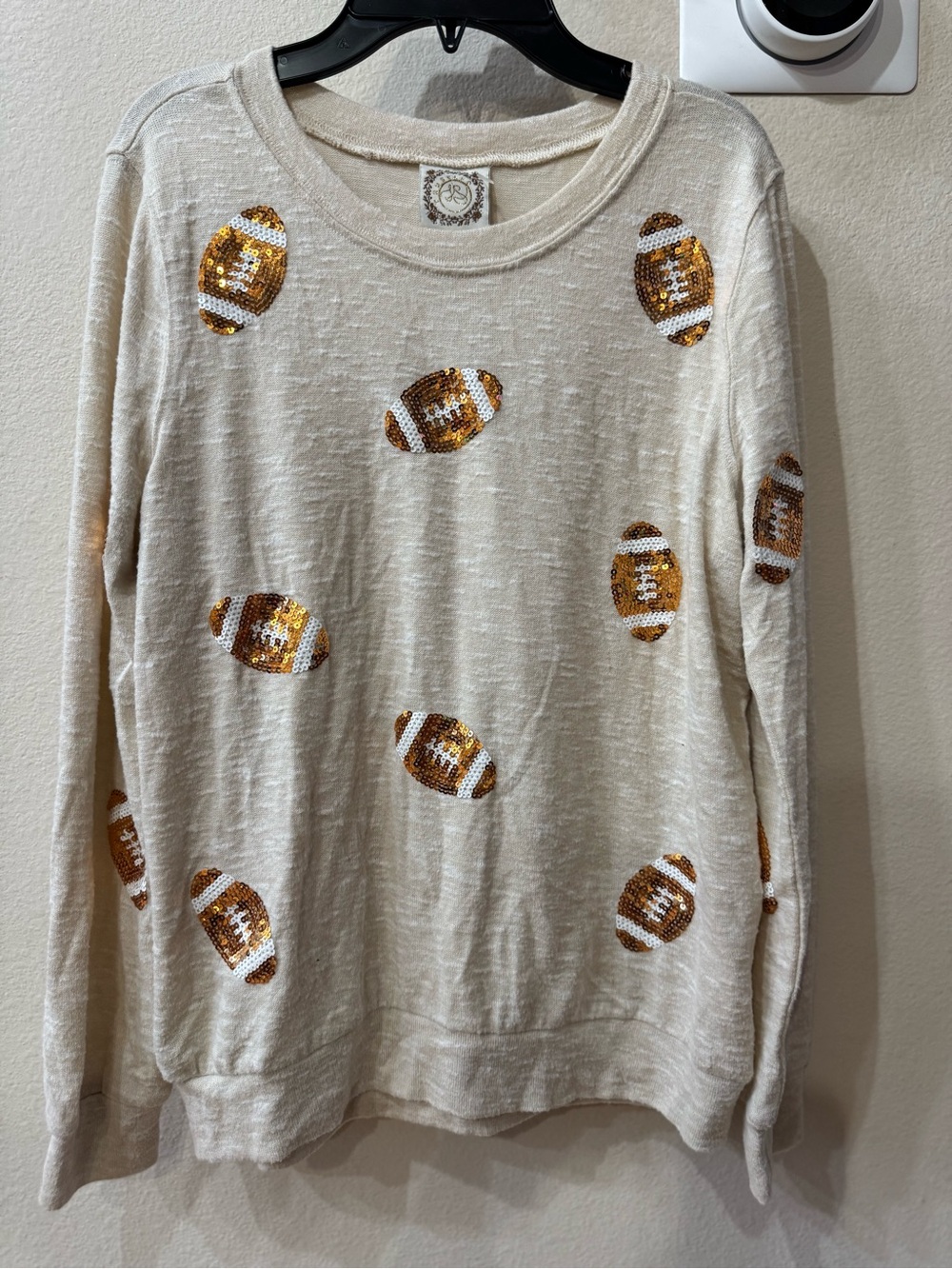 Tru Self Sequin Football Beige Cream Long Sleeve Casual Sweater in size Large